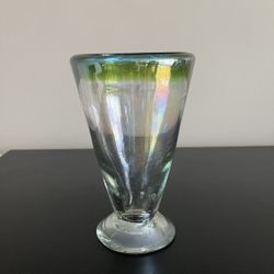 Hand Blown V Shaped Glass Iridescent Vase Drinkware Mexican Green Blue 18 Oz