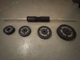 Athletic Works 100-lb Weight Set + 5-ft Barbell + Fit Girl Pad — $75 OBO