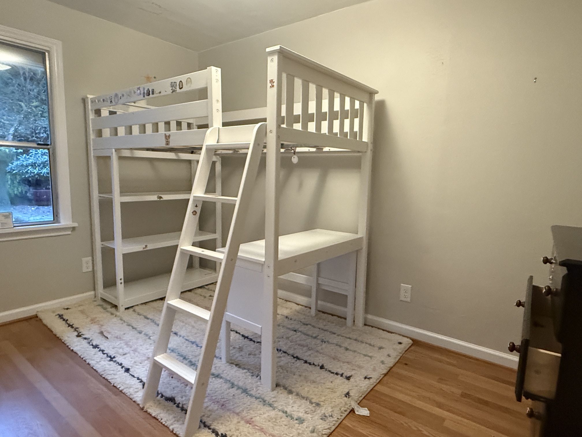 White Loft Bed with Desk, Ladder & Shelving