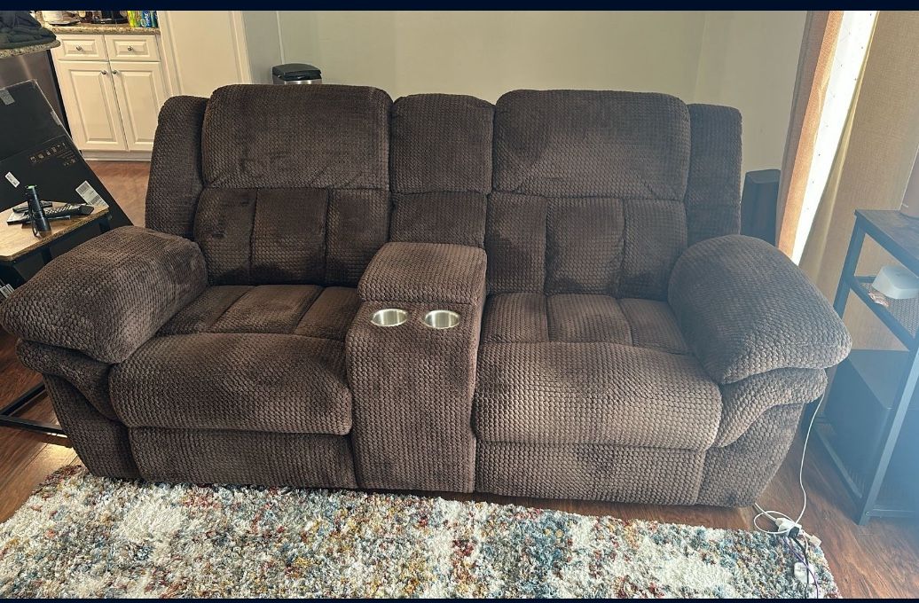Trevor Brown Manual Reclining Loveseat w/ Storage & Cup Holders — Like New