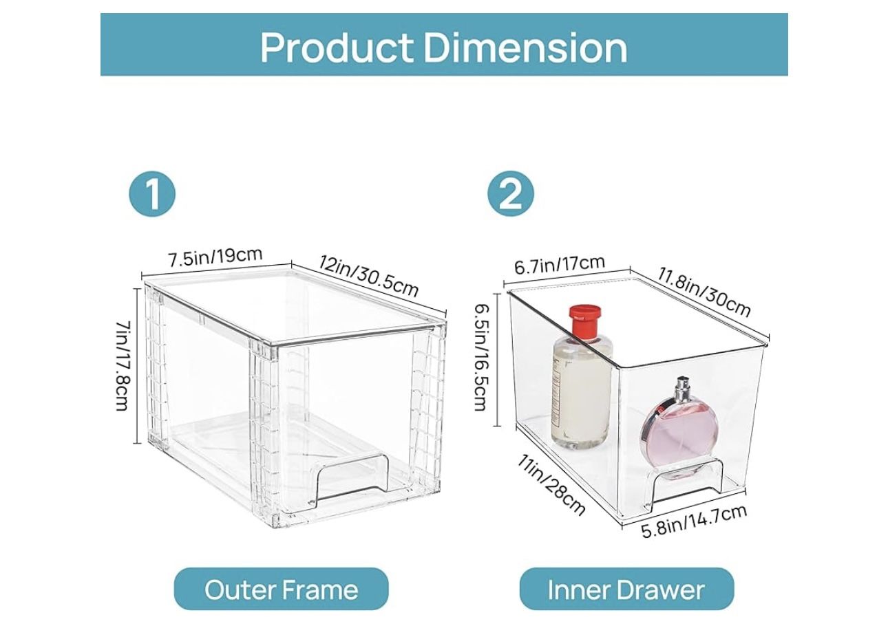Vtopmart 4 Pack Large Stackable Storage Drawers,Easily Assemble Acrylic Bathroom Closet Undersink Organizers and Storage,Plastic Bins for Kitchen Cabi