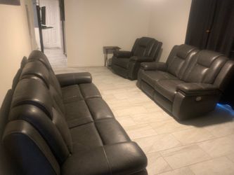 Gray Leather Reclining Sofa Set – 3 Pieces