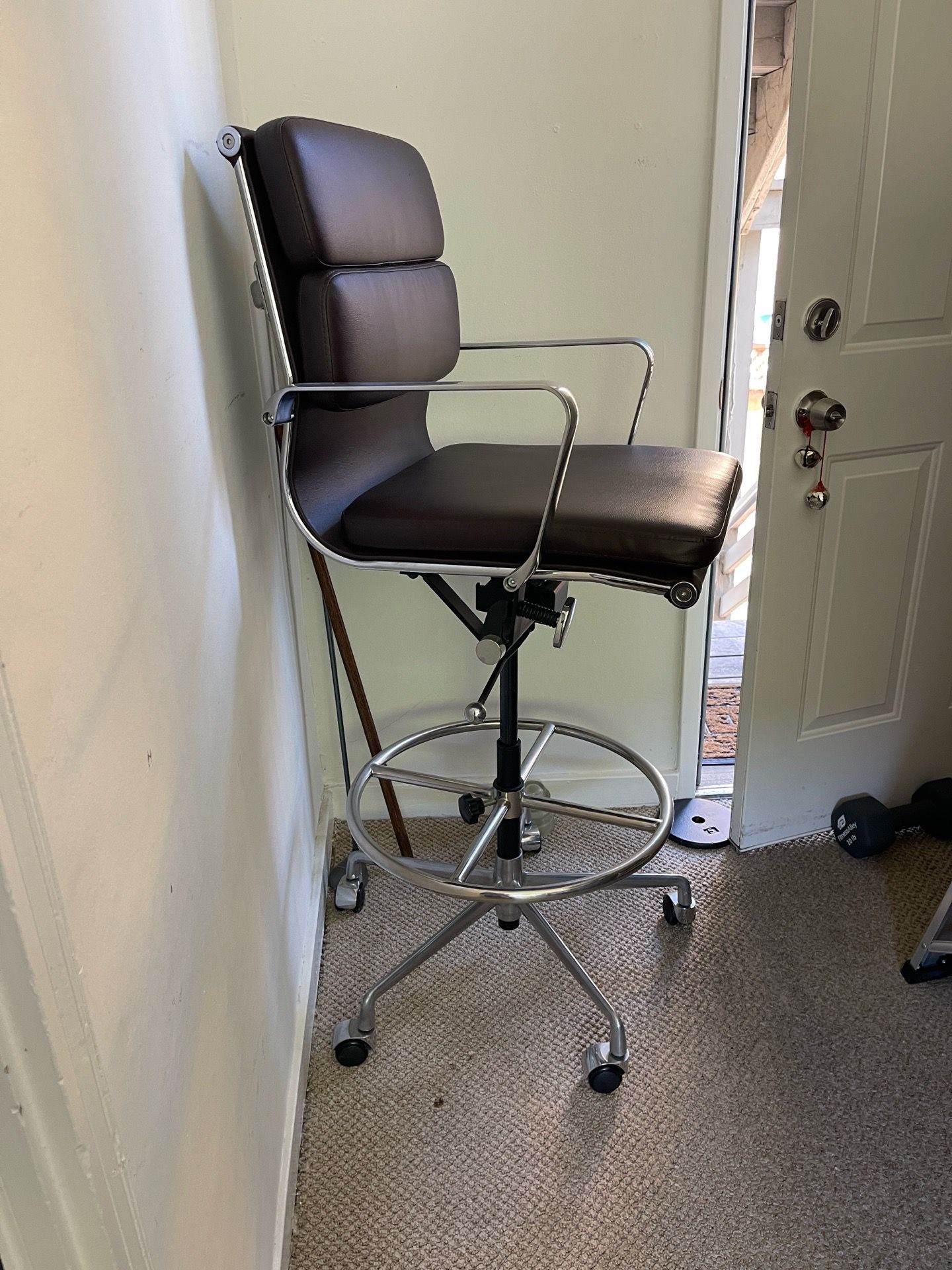 Tall Stainless Steel and Brown Leather Contemporary Office Chair