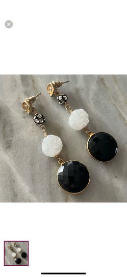 Handmade Black, White, Gold Crystal Gem Dangle Earrings