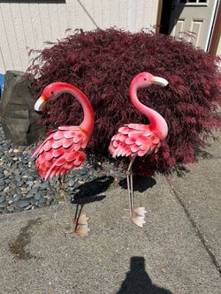 Metal pair of pink flamingos