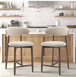 Set of 2, Kitchen Bar Stools with Back, Mid Century Modern Upholstered, with Wood Legs for Kitchen Island Dining Room, Beige