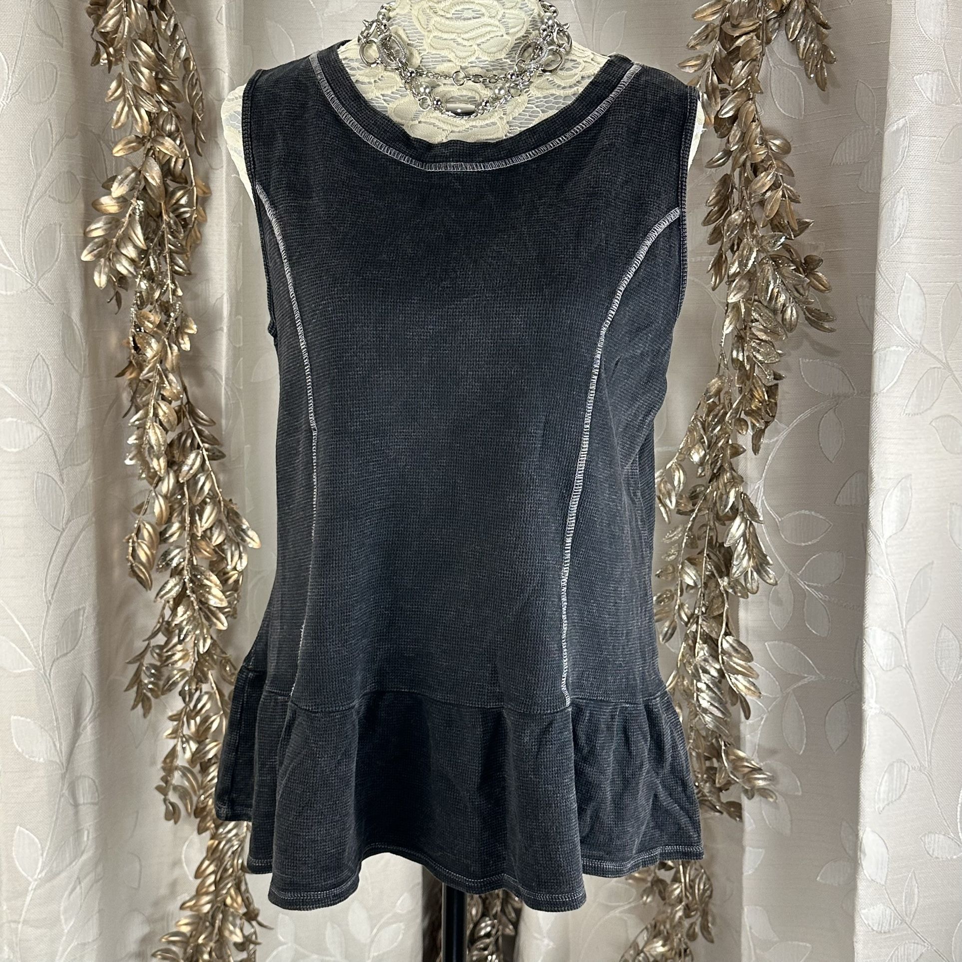 Sew In Love Black Mineral Washed Waffle Knit Peplum Tank | Small
