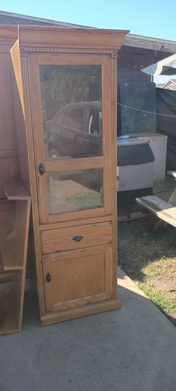 Tall Oak Wood Entertainment Cabinet with Glass Doors