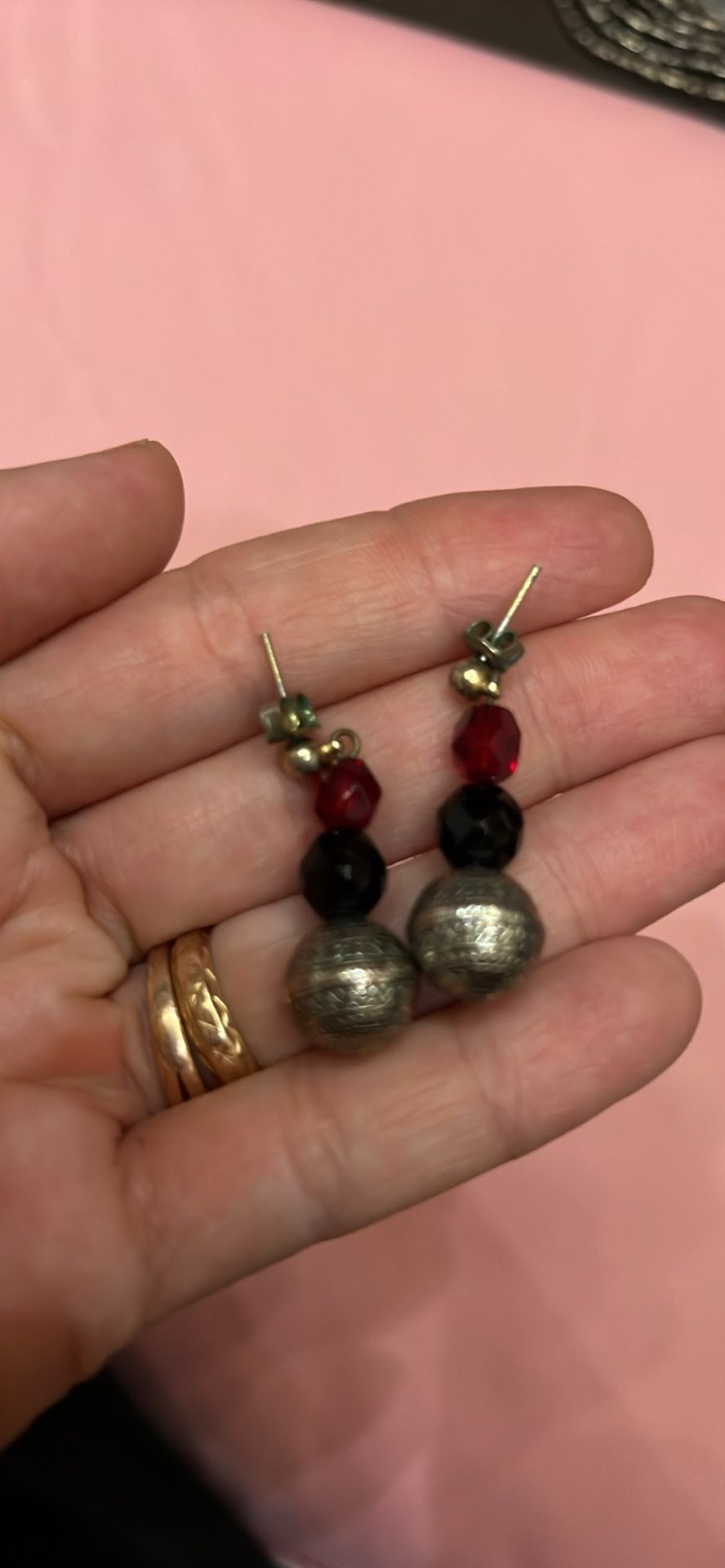 Red And Black / Silver Beaded Earrings, Used