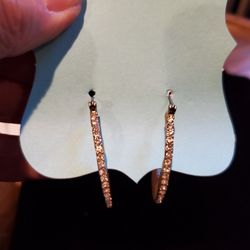 Stone Hoop Earrings,  Gold Color, Pierced 