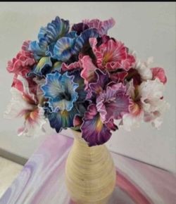 *** JUST REDUCED *** Natural Bamboo Vase w Faux Iris Bouquet @ Lasting Creations