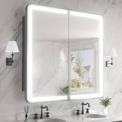 36 in. W x 32 in. H Rectangular Iron Medicine Cabinet with Mirror and Light, Dimmable, Anti-fog, Fully Assembled