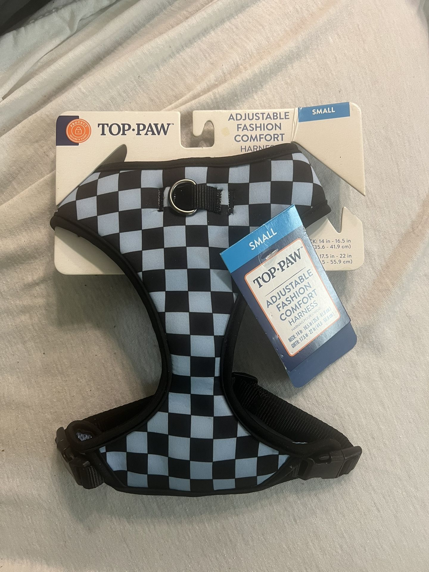 Top Paw Adjustable Fashion Comfort Harness Blue and Black Checkers - Small NWT