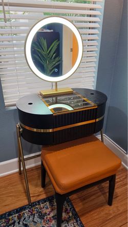 MOVING: Walnut MCM Storage Makeup Vanity w/ Attached Ring Light + Stool