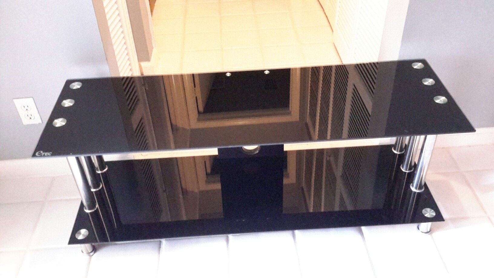 Modern ETEC Black Glass & Chrome Flat Screen TV Stand