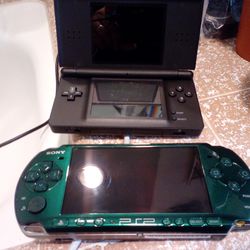 Green PSP, and blue Nintendo DS lite
