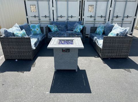 Brand New Patio Set Full Size Extra Thick Cushions Patio Furniture Set With Fire Pit Propane Six Person Seating Brand New High Quality New