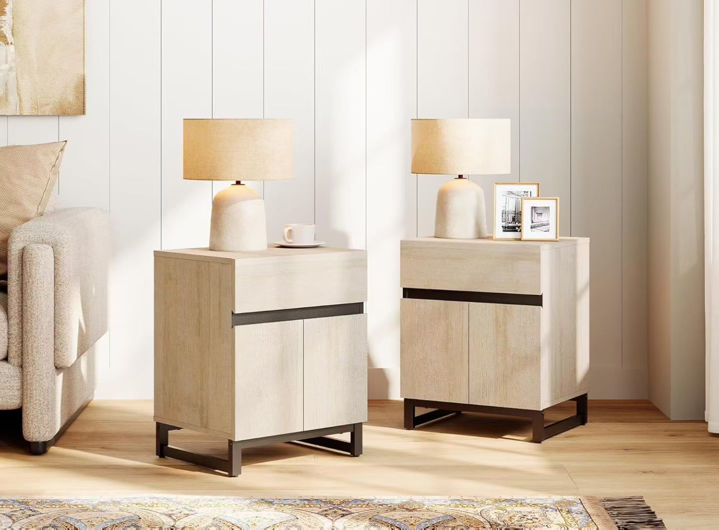 Modern End Table with 1 Drawer & 1 Storage Cabinet, Farmhouse Sofa Table, Light Oak，$120/2pcs