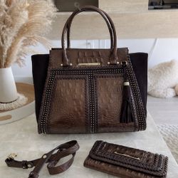 Brahmin Brown Croc Embossed Handbag + Wallet + Strap