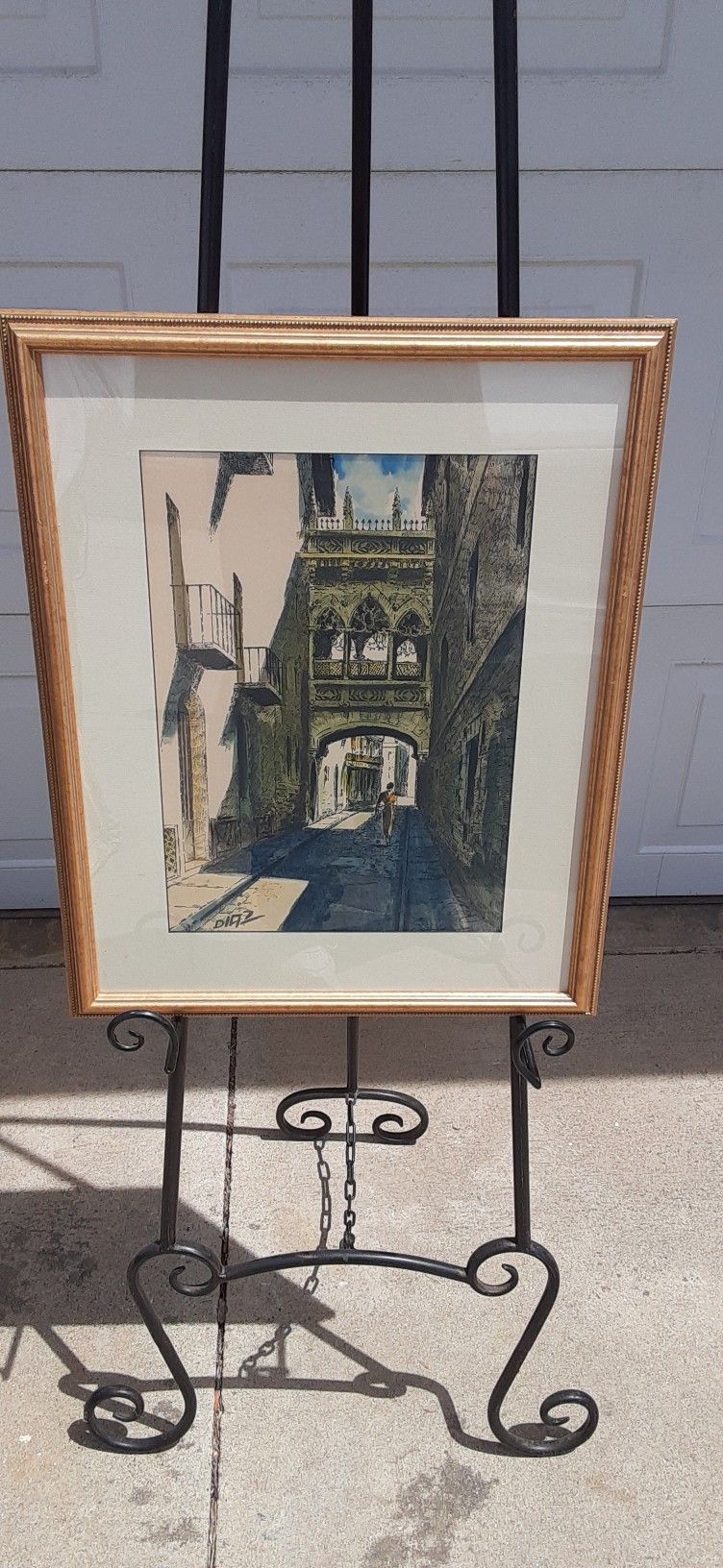 SALE Vintage Framed Cobblestone Village Watrrcolor Painting Signed Diaz