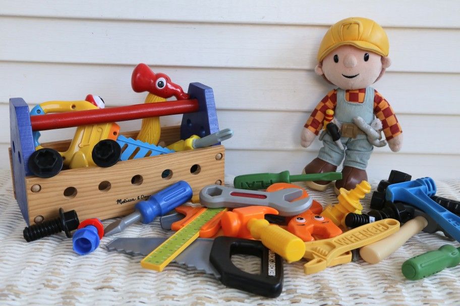 Kids Toy Tool Set with Many Accessories and Vintage Bob The Builder Plush Doll (Hammers, Wrenches, Screwdrivers, Nuts & Bolts, Wooden Tool Box, Etc.)
