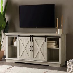 New Farmhouse Sliding Barn Door TV Stand in Stone Grey 