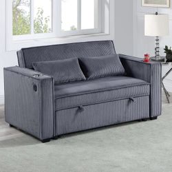 Sofa Bed.  ( Dark  Gray Corduroy ). W/2 Cup Holders & USB