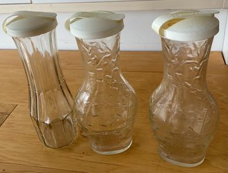 3 Good Seasons glass salad dressing bottles with plastic lids. 7 1/2” tall
