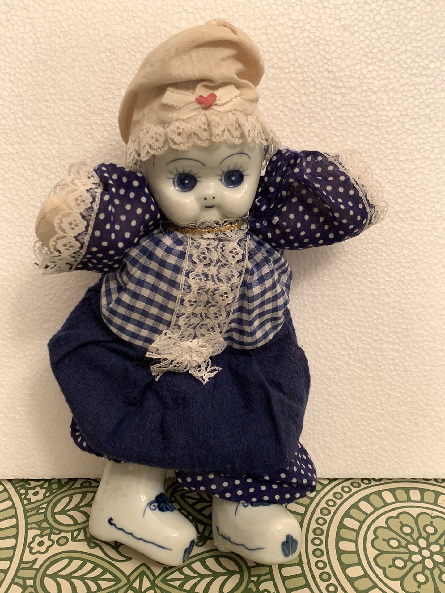 Vintage  Chinese 11" Doll Blue White Porcelain Head Cloth Body Hand Painted 