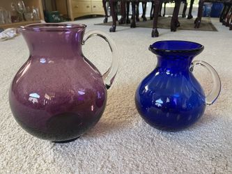 Set Of 2 Vintage Heavy Glass Water Pitcher Blue Purple 