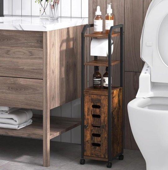 Bathroom Storage Cabinet - Toilet Paper Storage Cabinet, Small Toilet Paper Holder with 4 Wheels, Bathroom Organizer with Adjustable Shelf