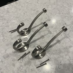 3 Brushed Nickel Robe/ Towel Hooks with Screws. In Phenomenal Shape