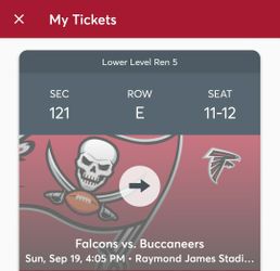 Two Buccaneers Tickets,  Great Seats 4 Away From Field
