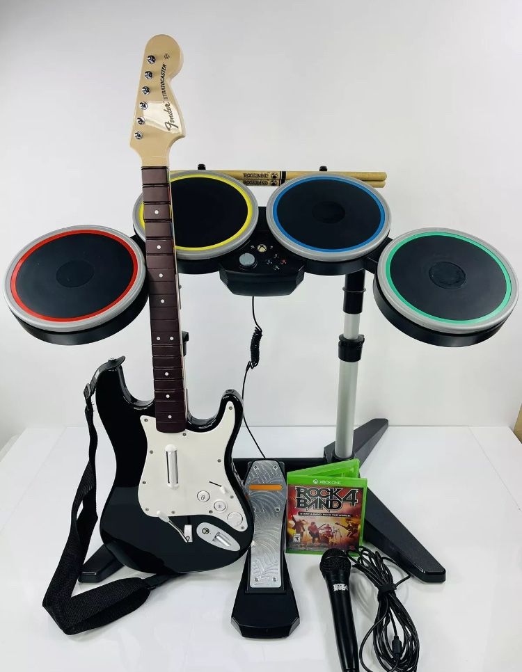 Rock Band 4 Xbox One Bundle Drums Fender Guitar Mic Game