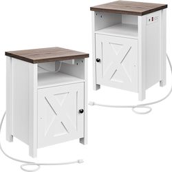 Farmhouse Nightstands Set of 2 with Charging Station, Small Bedside Tables with Adjustable Shelf, End Tables for Bedroom, White