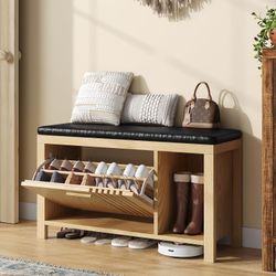 40" Shoe Storage Bench with Flip Drawers & Padded Seat Cushion, Open Compartments & Slatted Doors, Entryway Bench with Shoe Storage for Entryway, Hall
