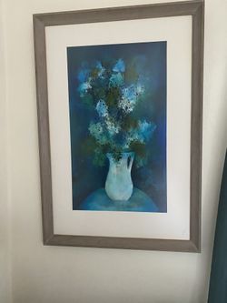 Vintage Mic Century Vine Painting Art Floral Teal