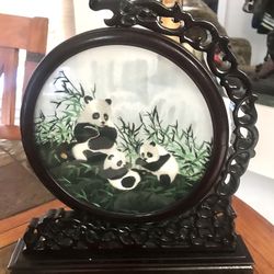 Vintage Silk Hand Embroidered Panda On Hand Carved Wooden Swivel