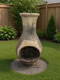 Vintage 44” Mexican Clay Chiminea Outdoor Fireplace with Stand