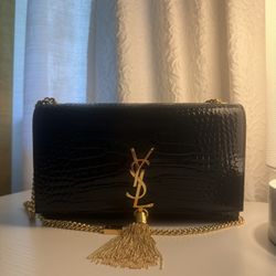 Saint Laurent Black Croc Embossed Medium Kate Tassel Crossbody Woman Bag