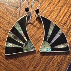 Vintage Alpaca Silver Mexican Black Enamel & Abalone Shell Dangle Drop Earrings 