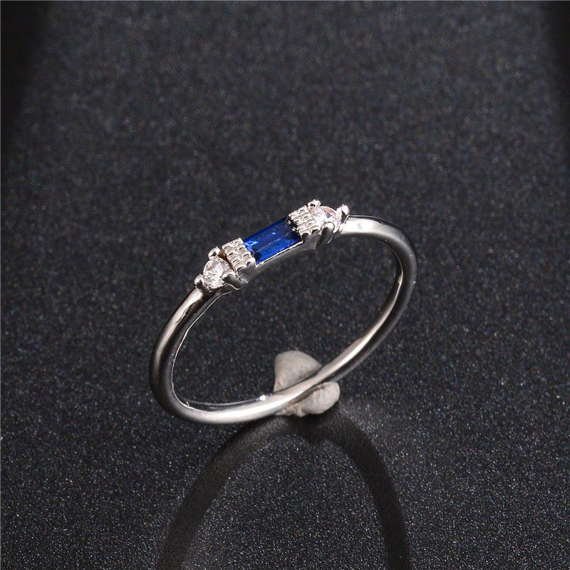 "Silver Blue Chic Rectangle Round Gems Dainty Ring for Women, VIP183
