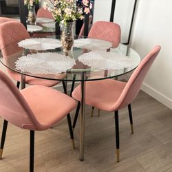 Glass Dining Table Four Pink Velvet Chairs