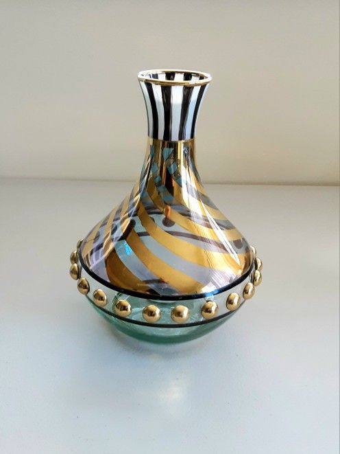 Mackenzie Childs Tango Circus Hand Painted Glass Decanter Vase Retired ~