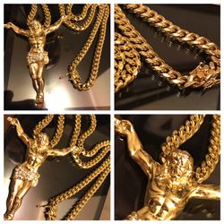 14K Gold Plated Cuban Chain With Large Opened Armed Jesus
