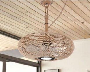 Hampton Bay 15 in. Outdoor Wood Rattan Caged Dimmable LED Ceiling Fan with Light Remote Downrod Farmhouse Ceiling Fan for Patio