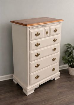 Basset brand refinished Vintage Tallboy Dresser – Solid Wood Top & Brass Hardware