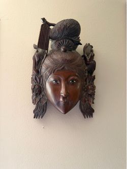 Hand Carved Balinese Indonesian Wood Goddess Mask Wall Art Birds Flowers