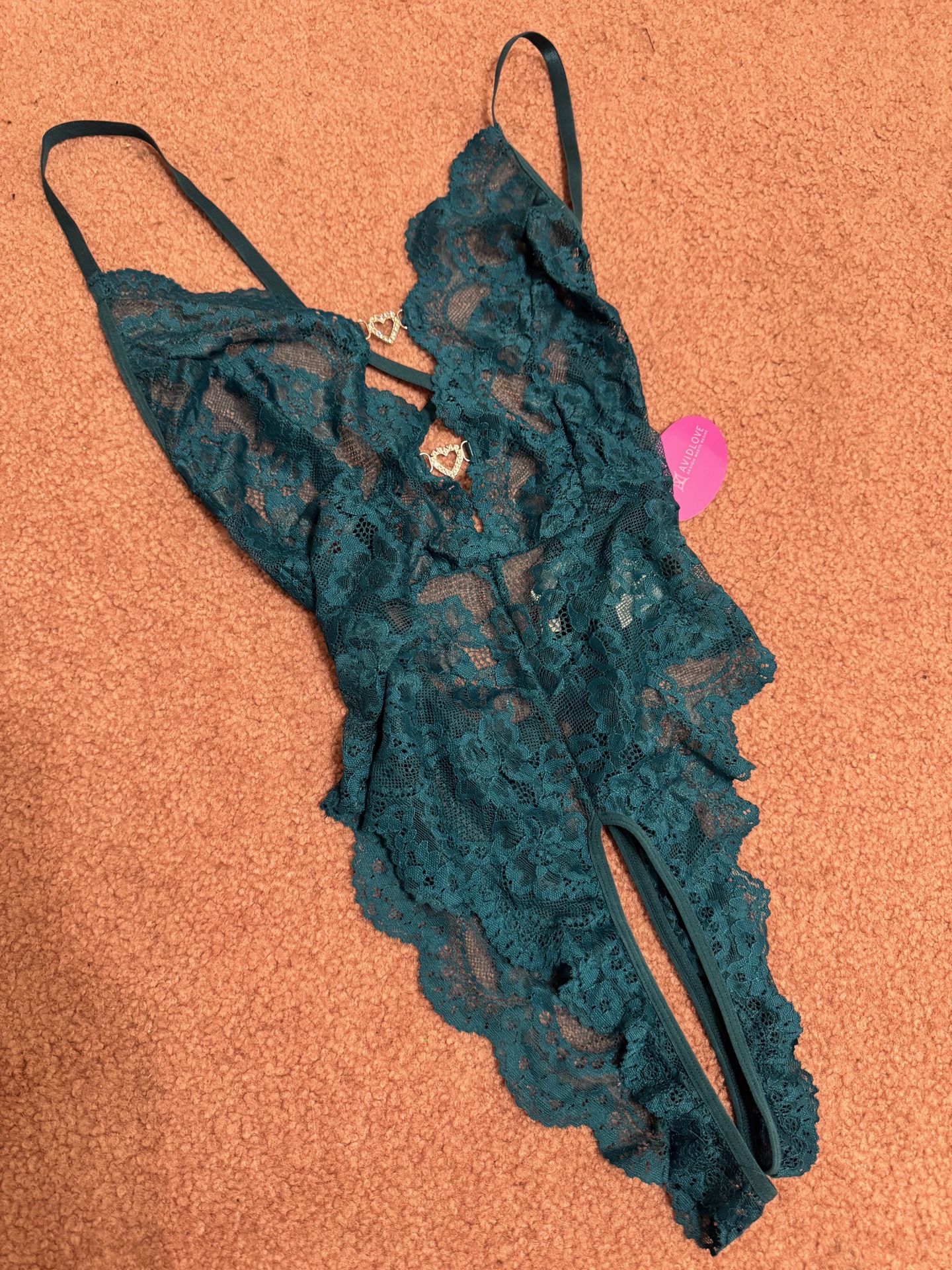 New Medium Teal Lace Heart Stretchy Bodysuit Lingerie Outfit