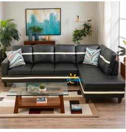 Black Faux Leather L-Shaped Sectional Sofa